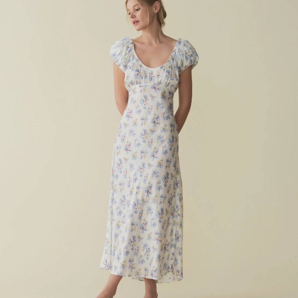 Doen Florencia Silk Satin Cream Midi Dress with Light Blue Floral Print NWT